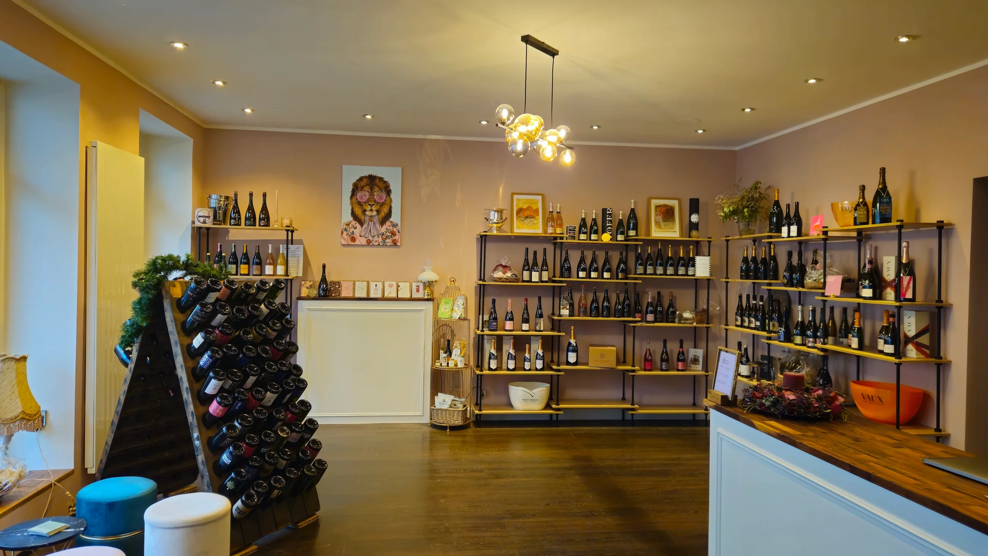 Wine shop interior with shelving and bottle displays